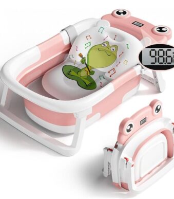 Baignoire pliable en silicone pour bébé et enfant avec coussin de bain et thermomètre intégré