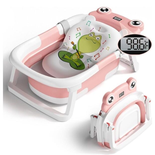 Baignoire pliable en silicone pour bébé et enfant avec coussin de bain et thermomètre intégré