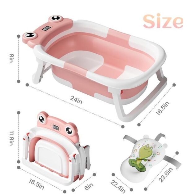 Baignoire pliable en silicone pour bébé et enfant avec coussin de bain et thermomètre intégré 6