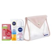 NIVEA Trousse pour elle- LABELLO Baume à Lèvres, Fruity Shine Fraise, 4.8g+Ecran Solaire UV, Shine Control, SPF 50, 50ml+ pearl and beauty roll on
