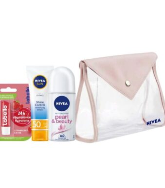 NIVEA Trousse pour elle- LABELLO Baume à Lèvres, Fruity Shine Fraise, 4.8g+Ecran Solaire UV, Shine Control, SPF 50, 50ml+ pearl and beauty roll on