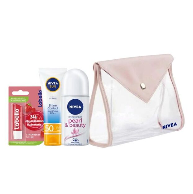 NIVEA Trousse pour elle- LABELLO Baume à Lèvres, Fruity Shine Fraise, 4.8g+Ecran Solaire UV, Shine Control, SPF 50, 50ml+ pearl and beauty roll on