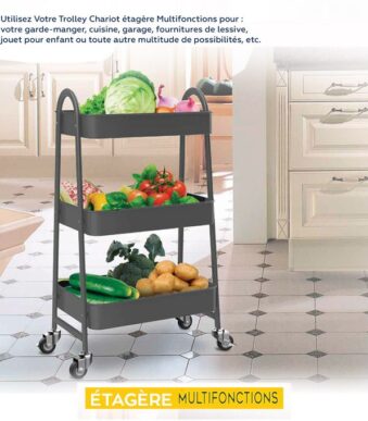 TATCH Chariot Trolley 3 Etagère Cuisine Service Rangement Anti-Corrosion Multifcn Gris