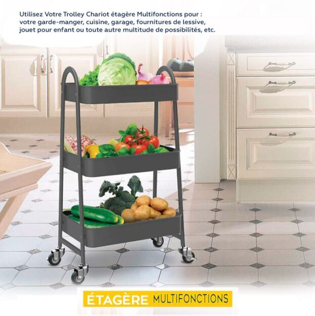 TATCH Chariot Trolley 3 Etagère Cuisine Service Rangement Anti-Corrosion Multifcn Gris