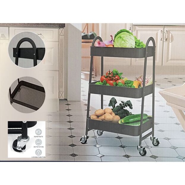 TATCH Chariot Trolley 3 Etagère Cuisine Service Rangement Anti-Corrosion Multifcn Gris 4