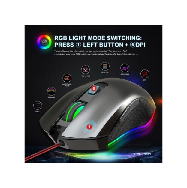 mifoy Souris Gaming USB GM100 6 Boutons RGB Capteur Optique 1200 à 3200 DPI LED - Noir 2